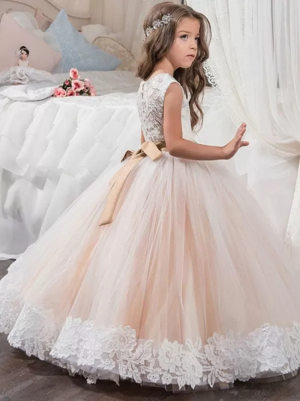 Round Neck Lace Tulle Ball Gown Flower Girl Dresses Jewel Neck Lace Sleeveless Ankle Length Kids Pageant Dresses