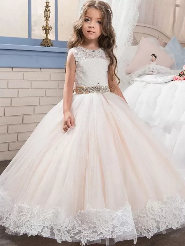 Round Neck Lace Tulle Ball Gown Flower Girl Dresses Jewel Neck Lace Sleeveless Ankle Length Kids Pageant Dresses