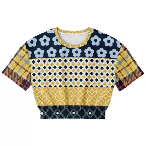 Royal Flush Blue Patchwork Short Sleeve Cropped Eco-Poly Sweater