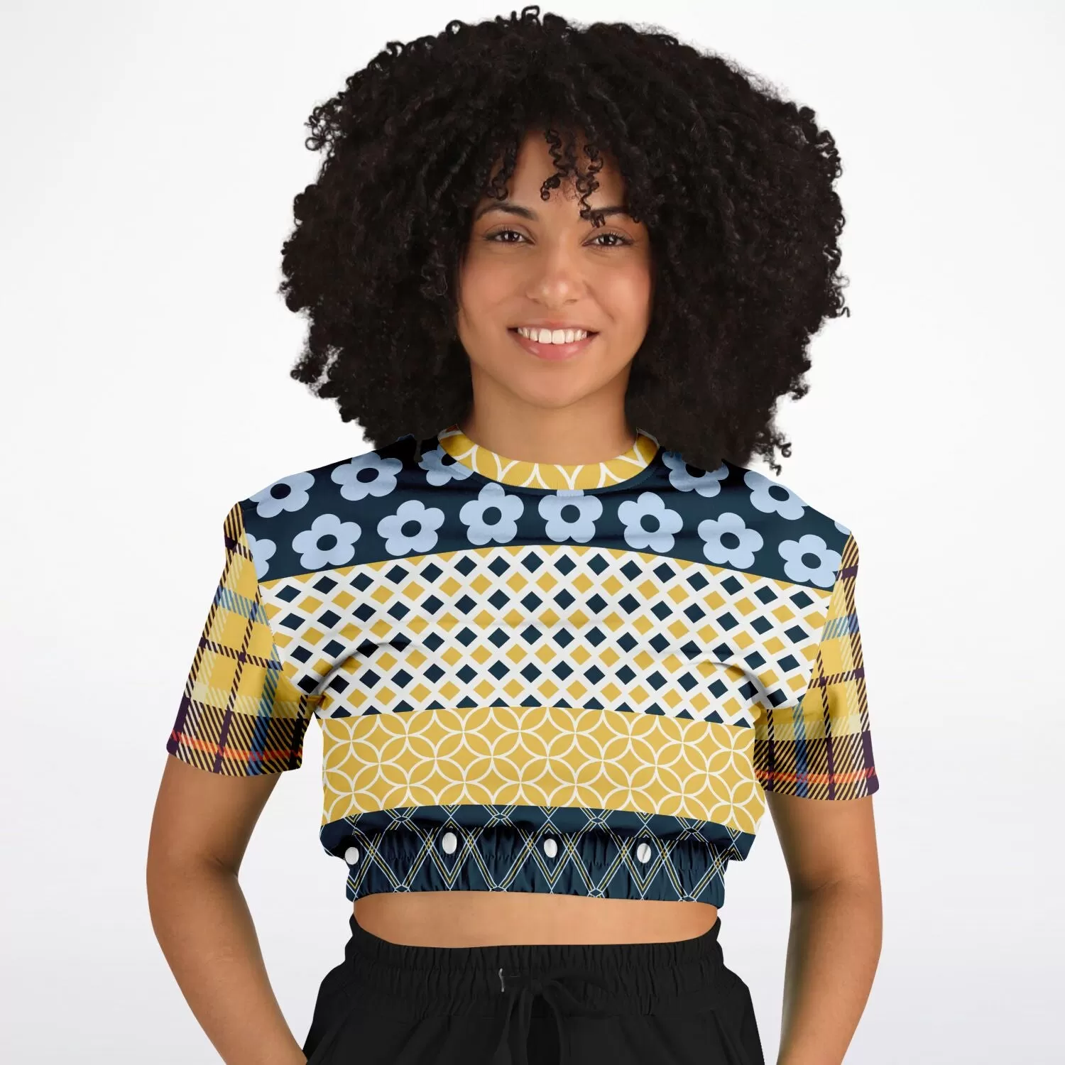 Royal Flush Blue Patchwork Short Sleeve Cropped Eco-Poly Sweater