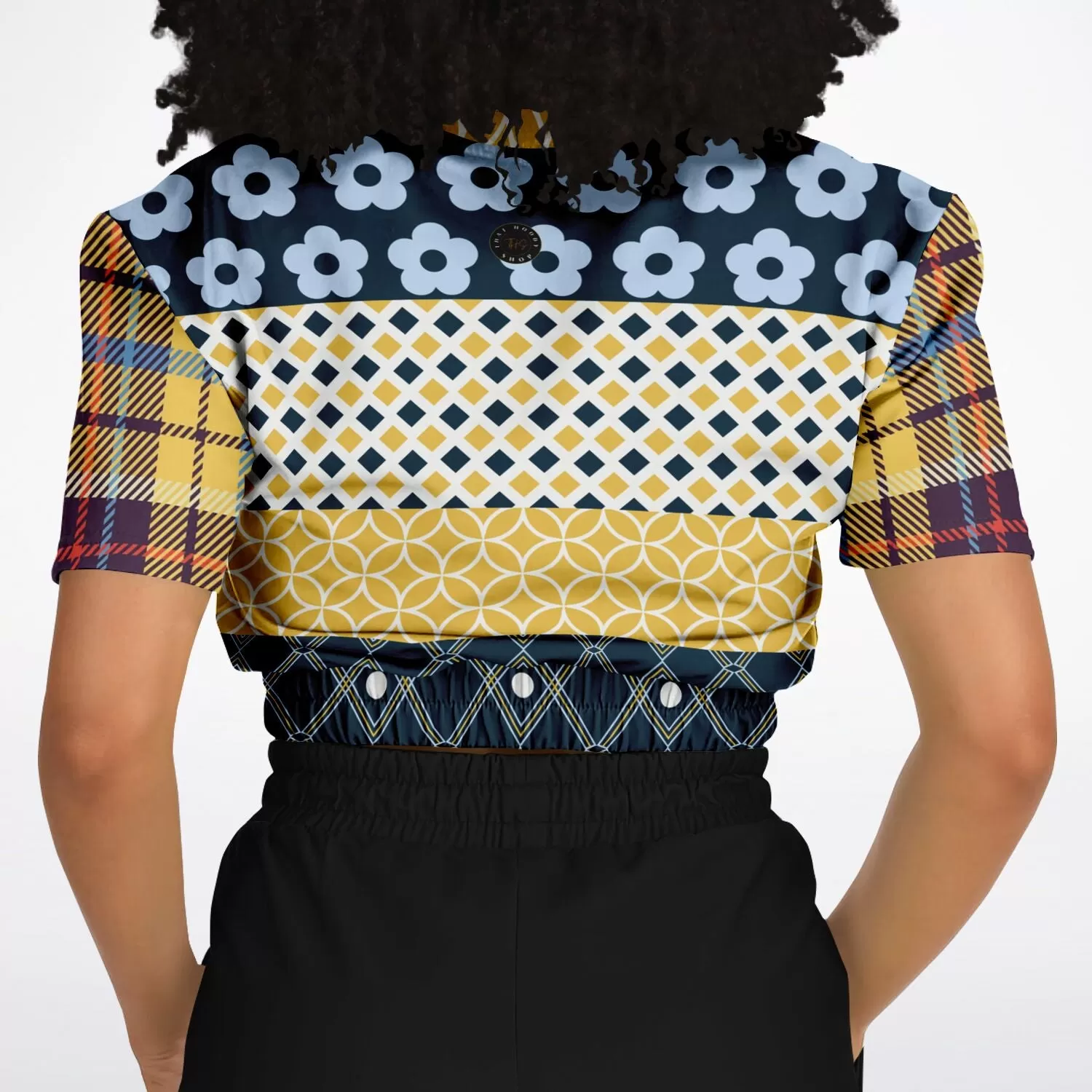 Royal Flush Blue Patchwork Short Sleeve Cropped Eco-Poly Sweater