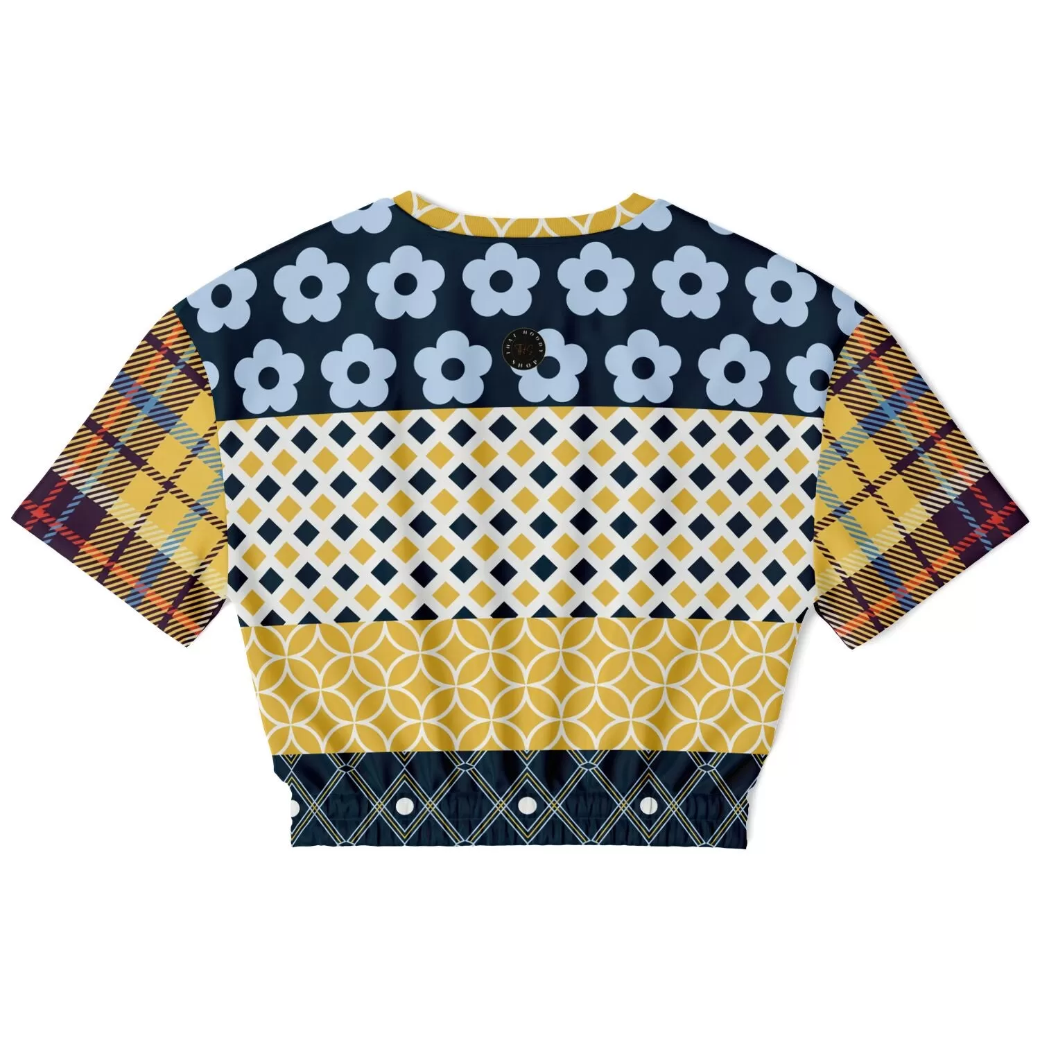 Royal Flush Blue Patchwork Short Sleeve Cropped Eco-Poly Sweater