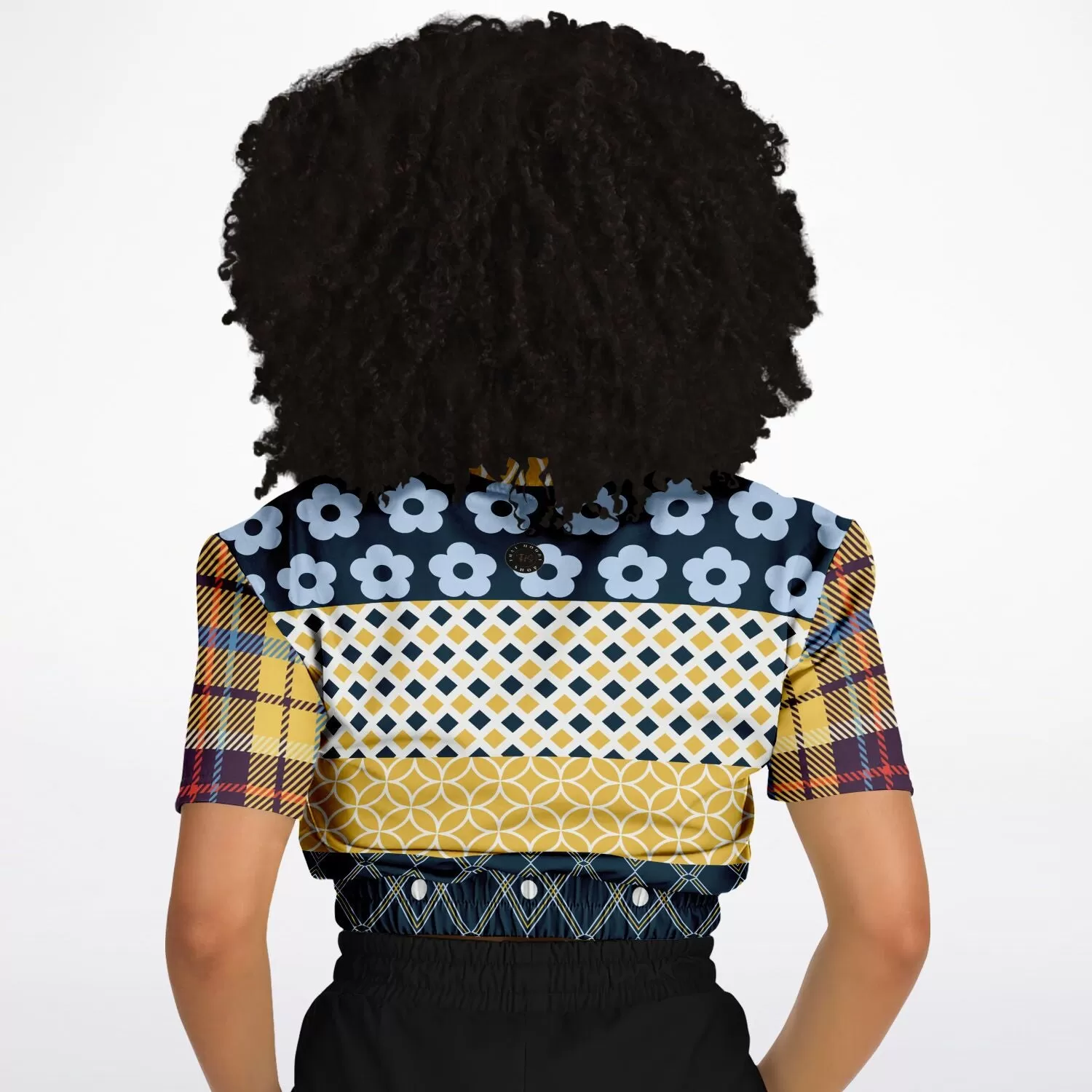 Royal Flush Blue Patchwork Short Sleeve Cropped Eco-Poly Sweater