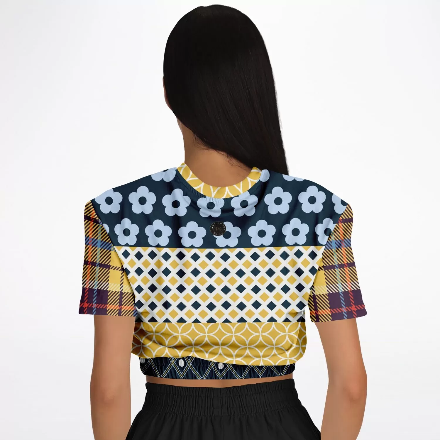 Royal Flush Blue Patchwork Short Sleeve Cropped Eco-Poly Sweater