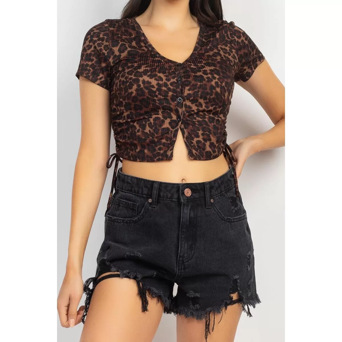 Ruched Drawstring Animal-printed Crop Top