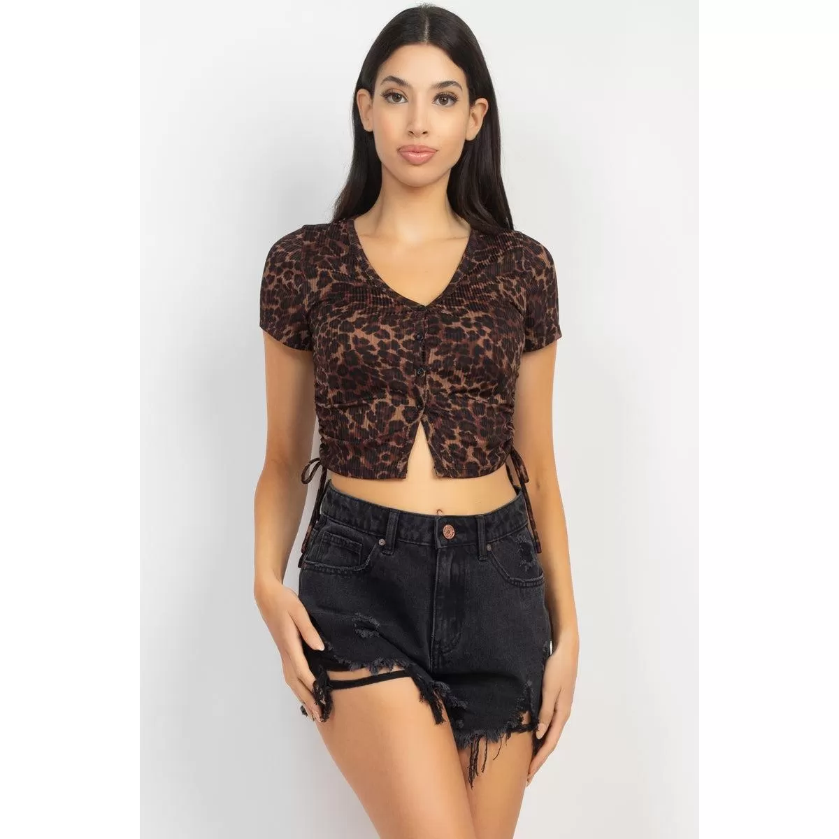 Ruched Drawstring Animal-printed Crop Top