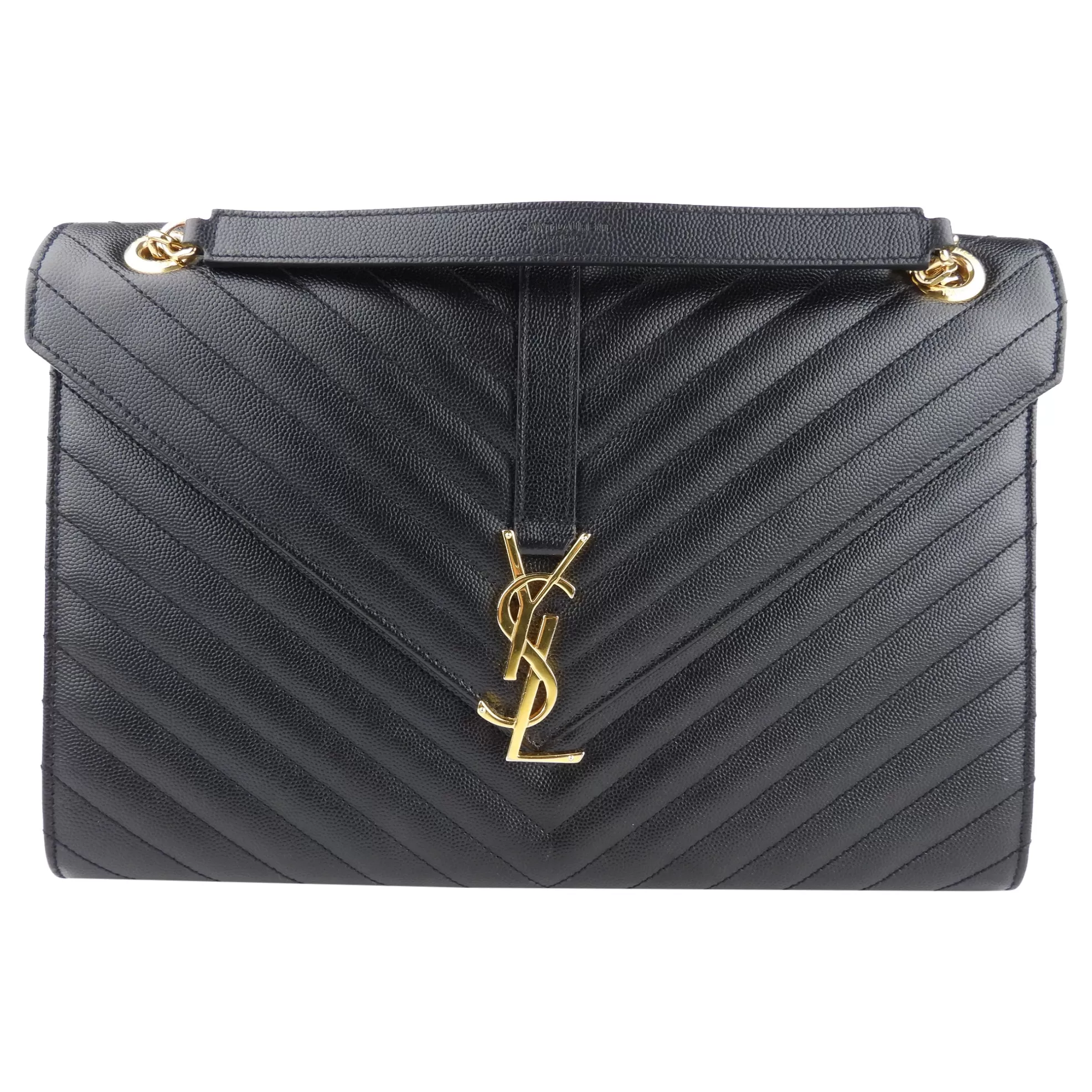 Saint Laurent Black Chevron Leather Large Envelope Flap Bag