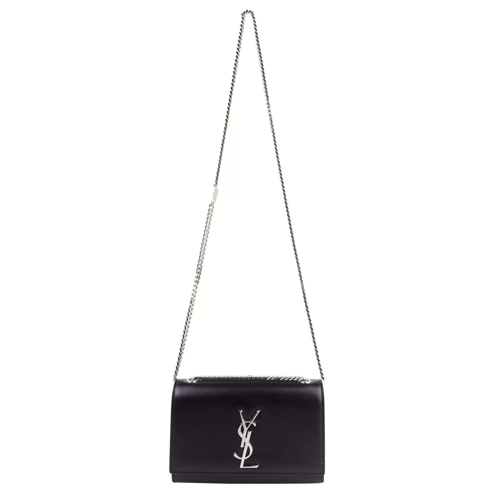 Saint Laurent Black Grained Leather Small YSL Kate Chain Crossbody Shoulder Bag