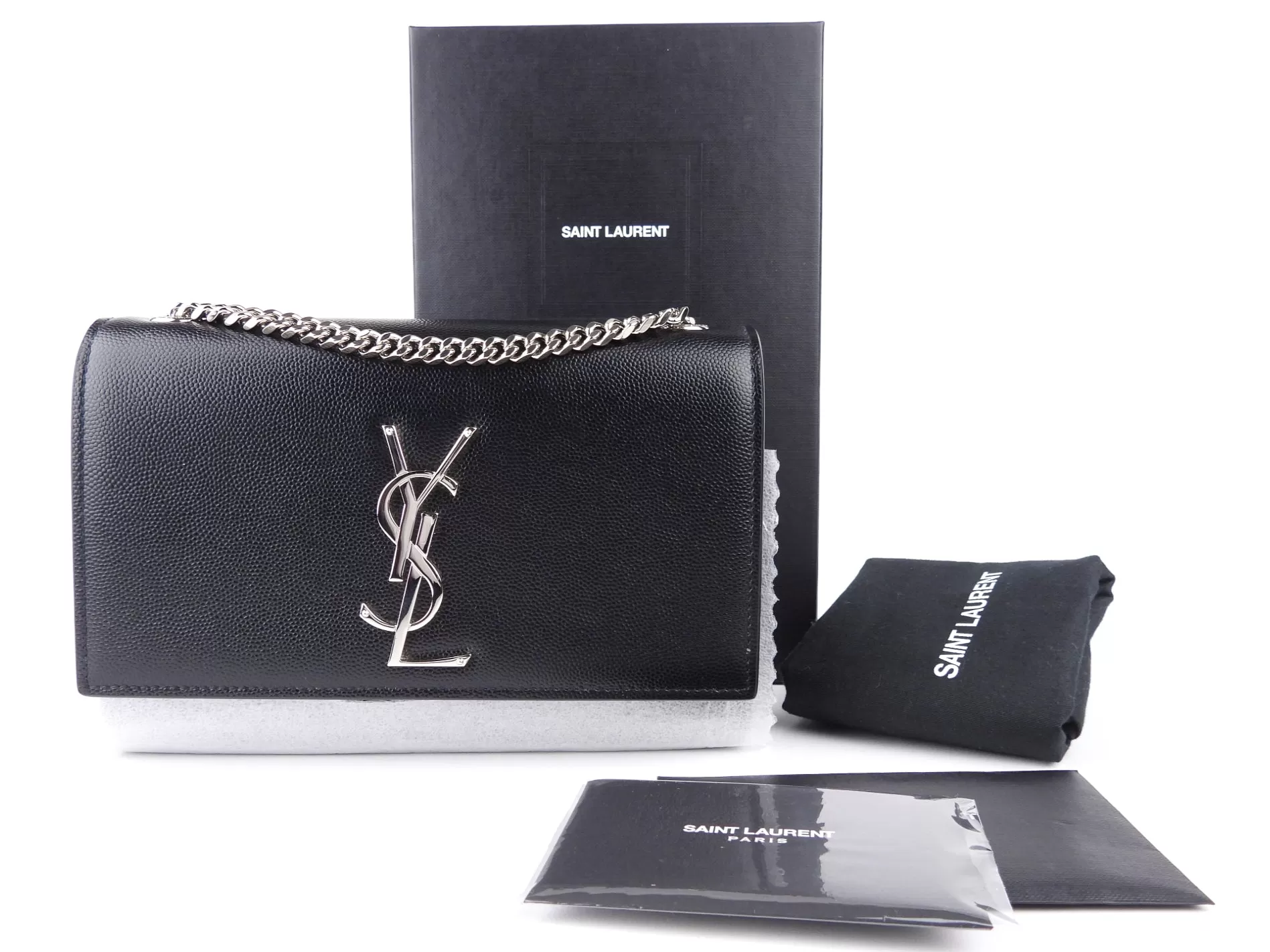 Saint Laurent Black Grained Leather Small YSL Kate Chain Crossbody Shoulder Bag