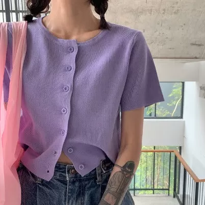 Short Sleeve Knitted Crop Top - Purple