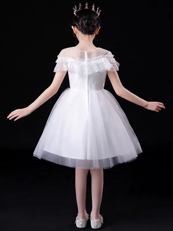 Short Sleeves Tulle Princess Dress Flowers Beaded Embellishment Kids Party Dresses White Flower Girl Dresses Illusion