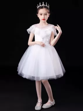 Short Sleeves Tulle Princess Dress Flowers Beaded Embellishment Kids Party Dresses White Flower Girl Dresses Illusion