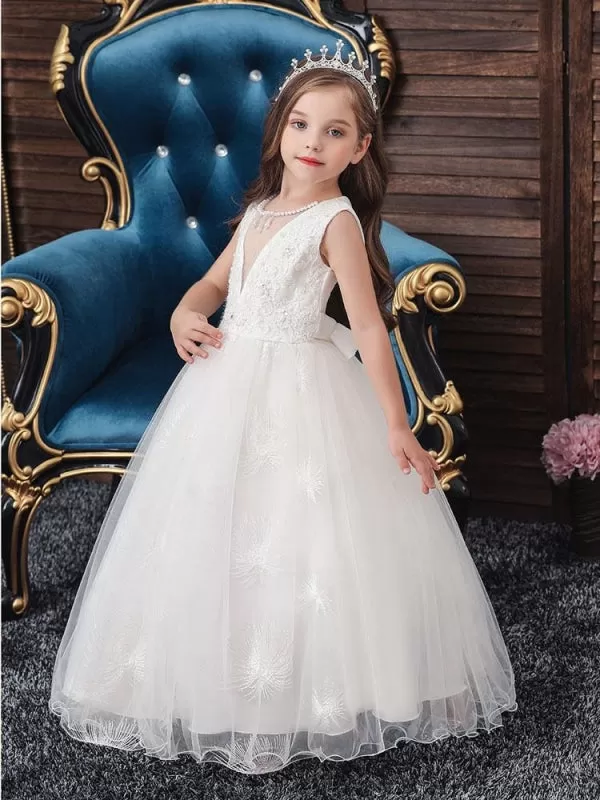 Sleeveless Ankle-Length Ball Gown Flower Girl Dresses Jewel Neck Formal Kids Pageant Dress