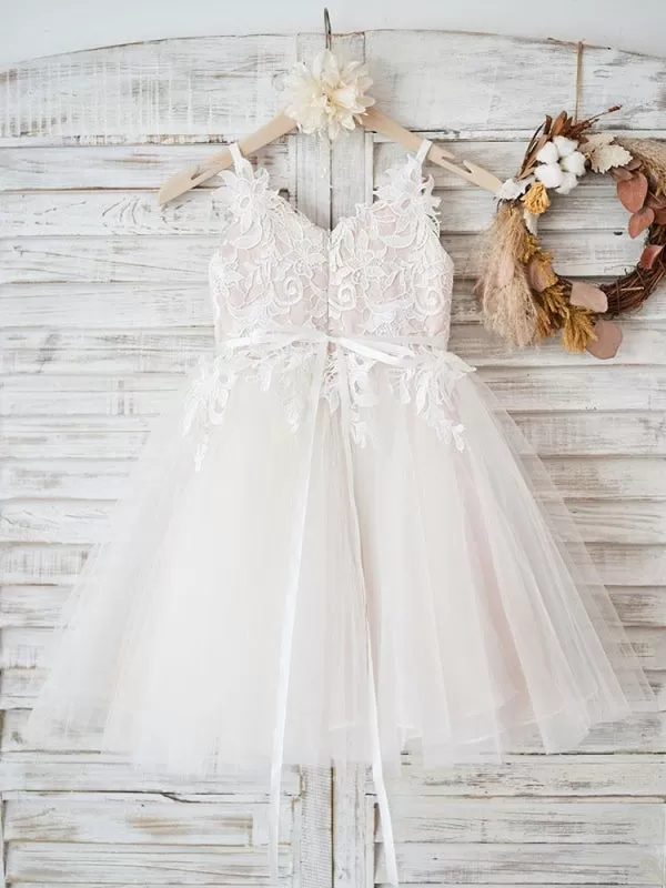 Sleeveless Little Girl Dress Tulle Floral Lace Sash Formal Kids Pageant Dresses