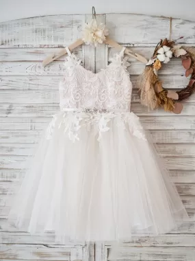 Sleeveless Little Girl Dress Tulle Floral Lace Sash Formal Kids Pageant Dresses