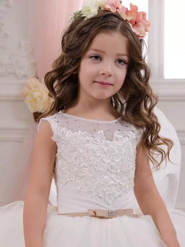 Sleeveless Tulle Lace Appliques Flower Girl Dresses Jewel Neck Ankle Length Kids Ball Gown