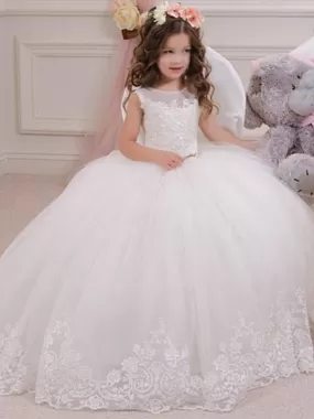 Sleeveless Tulle Lace Appliques Flower Girl Dresses Jewel Neck Ankle Length Kids Ball Gown