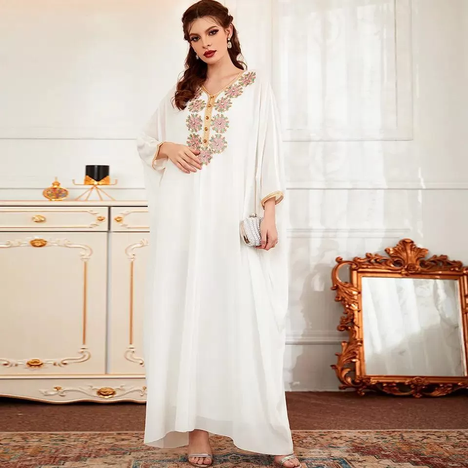 Snow White Batwing Sleeves Dubai Turkey Arab Abaya Fashion Caftan Maxi women muslim long dress 2XL B-31756