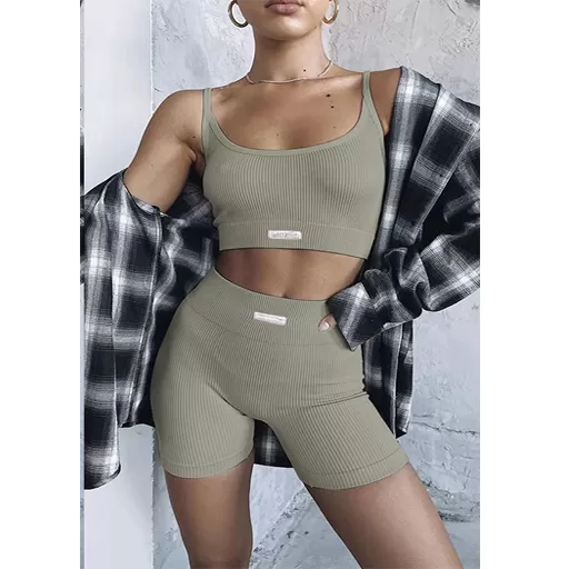 Solid Color Tight & Sleeveless Crop Top Set