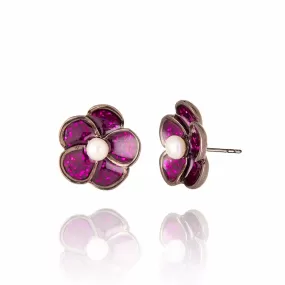 Sterling Silver Stud Earrings with Dark Wine Glitter Enamel & White Pearls