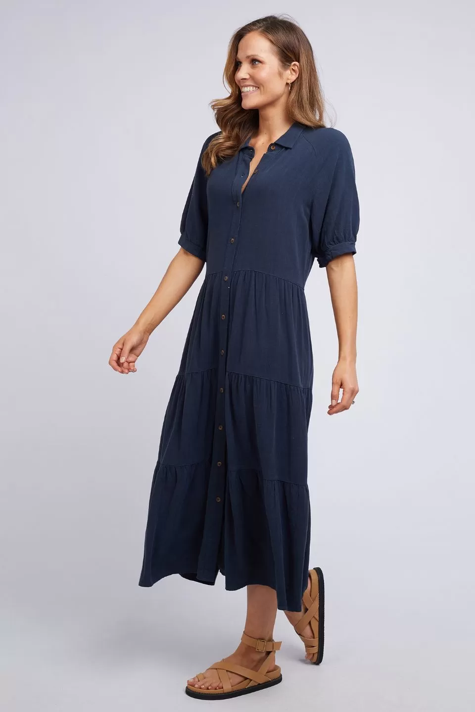 Sunny Days Crop Sleeve Navy Button Front Midi Dress