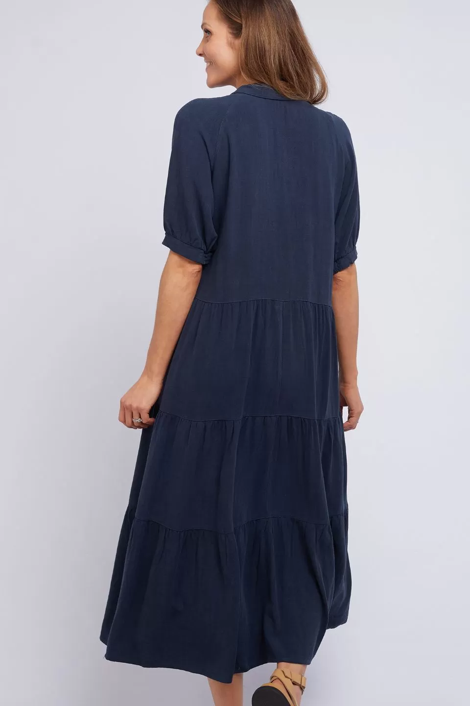 Sunny Days Crop Sleeve Navy Button Front Midi Dress