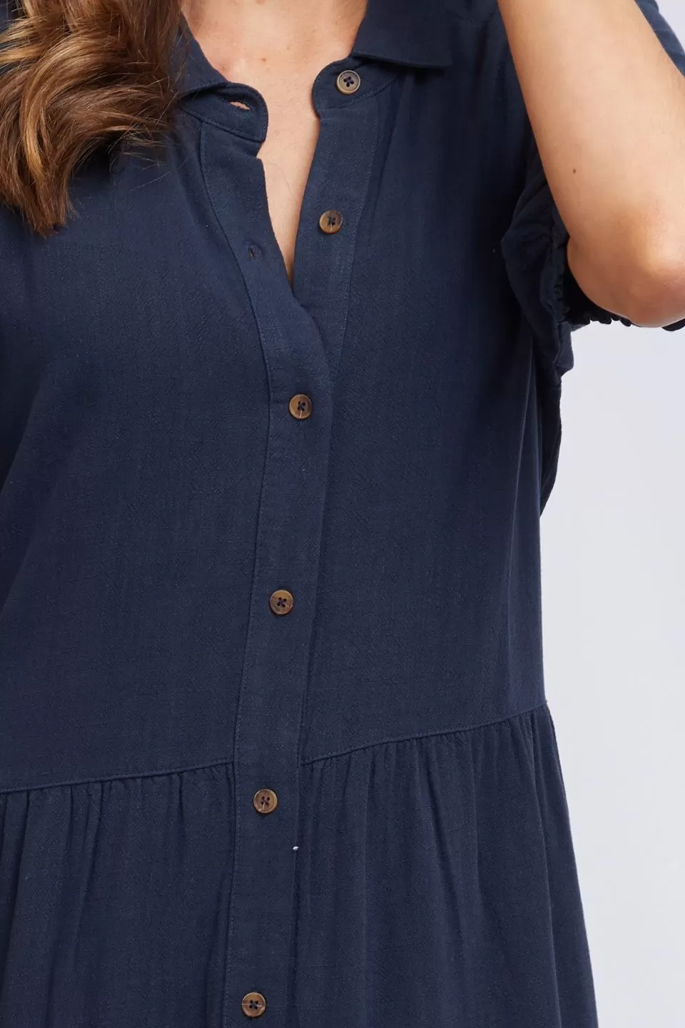 Sunny Days Crop Sleeve Navy Button Front Midi Dress