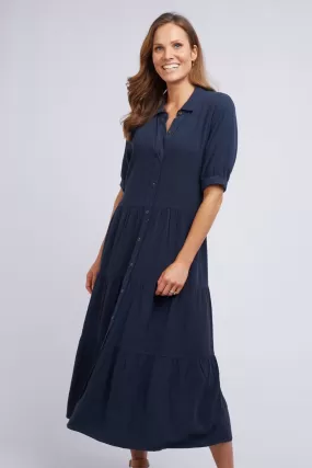 Sunny Days Crop Sleeve Navy Button Front Midi Dress