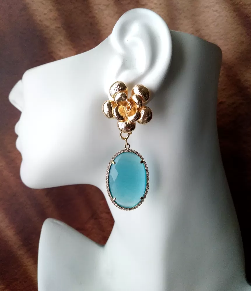 Textured Rose Stud with Haloed Oval Aqua Blue Cat's Eye Earrings