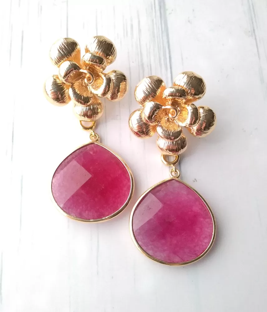 Textured Rose Studs with Pear Shape Detachable Dangles