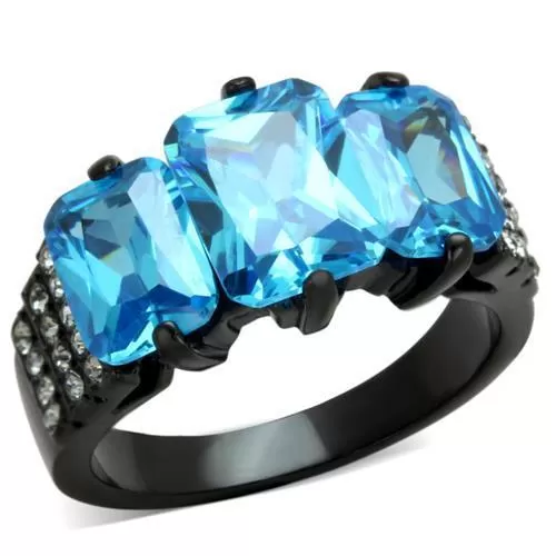 TK1866 IP Black(Ion Plating) Stainless Steel Ring with AAA Grade CZ in Sea Blue