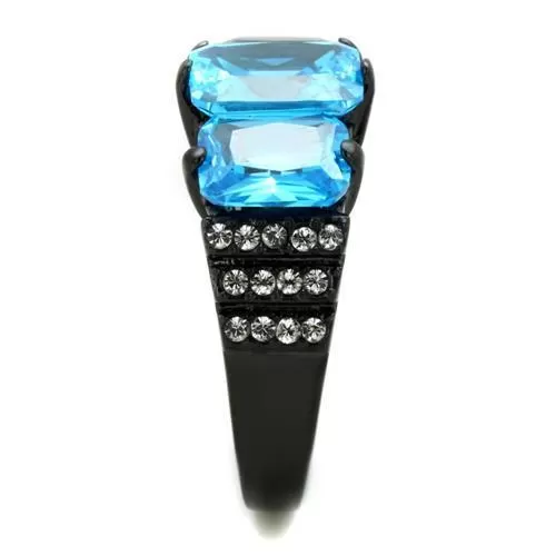 TK1866 IP Black(Ion Plating) Stainless Steel Ring with AAA Grade CZ in Sea Blue