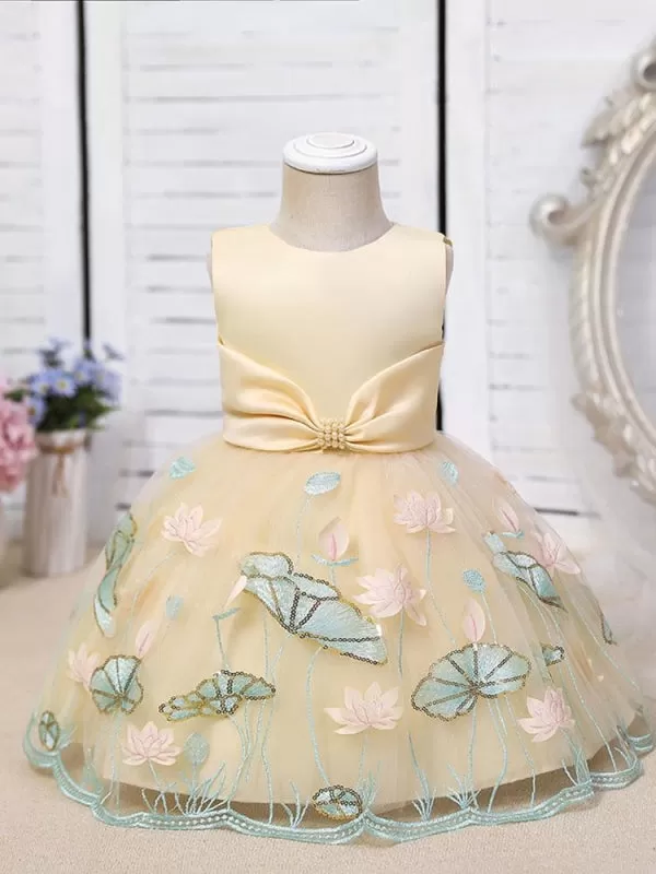 Tulle Knee-Length A-Line Flower Girl Dresses Jewel Neck Polyester Sleeveless Cotton Embroidered Kids Party Dresses