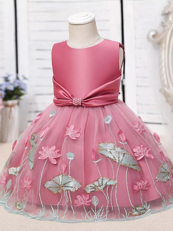 Tulle Knee-Length A-Line Flower Girl Dresses Jewel Neck Polyester Sleeveless Cotton Embroidered Kids Party Dresses