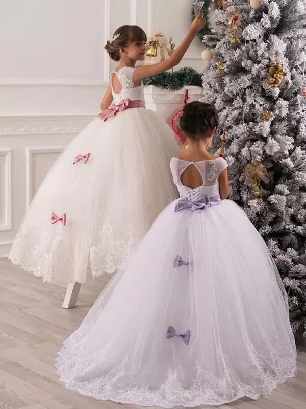 Tulle Sleeveless Ankle Length Princess Flower Girl Dresses Jewel Neck Kids Party Dresses