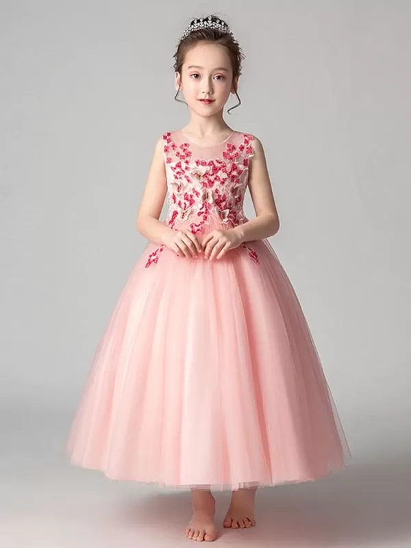 Tulle Sleeveless Ankle Length Princess Silhouette Flowers Kids Party Dresses