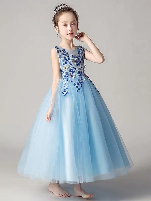 Tulle Sleeveless Ankle Length Princess Silhouette Flowers Kids Party Dresses