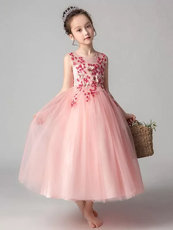 Tulle Sleeveless Ankle Length Princess Silhouette Flowers Kids Party Dresses