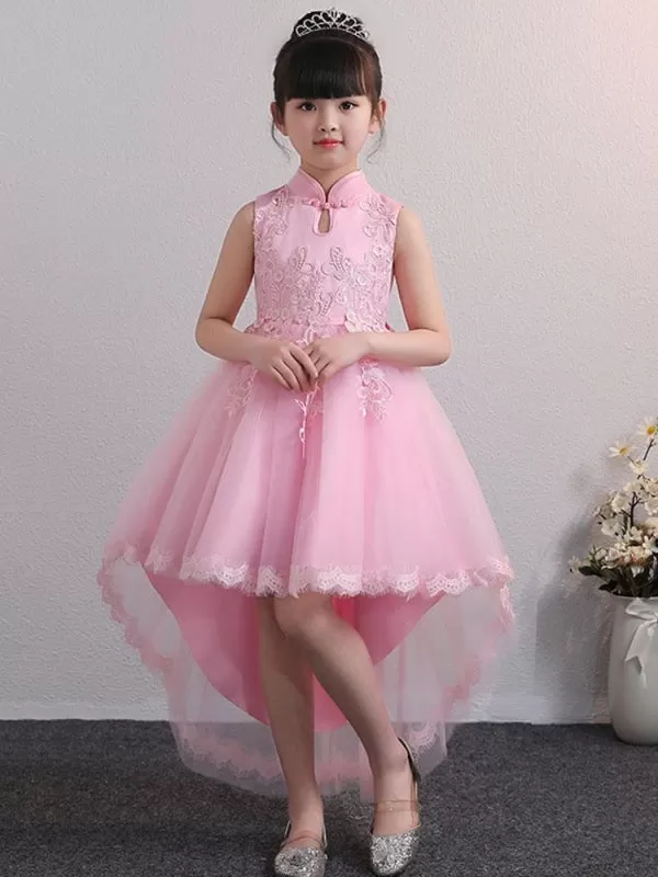 Tulle Sleeveless High Low Princess Flower Girl Dresses Silhouette Embroidered Kids Party Dresses