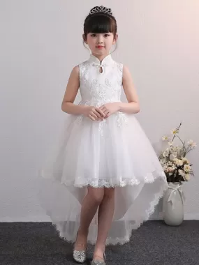 Tulle Sleeveless High Low Princess Flower Girl Dresses Silhouette Embroidered Kids Party Dresses