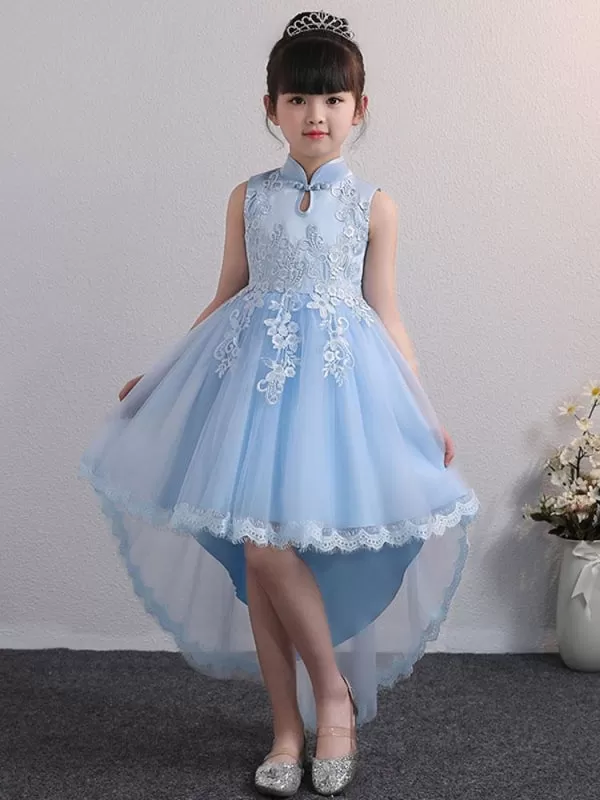 Tulle Sleeveless High Low Princess Flower Girl Dresses Silhouette Embroidered Kids Party Dresses