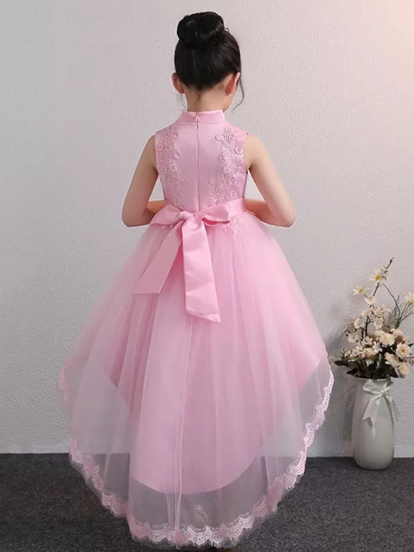 Tulle Sleeveless High Low Princess Flower Girl Dresses Silhouette Embroidered Kids Party Dresses