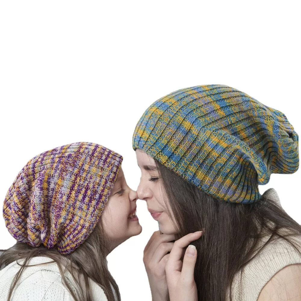 Unisex Woolen Mixed Rainbow Color Stripes Pattern Plus Velvet Thick Warm Couple Hat Beanie Knitted Hat