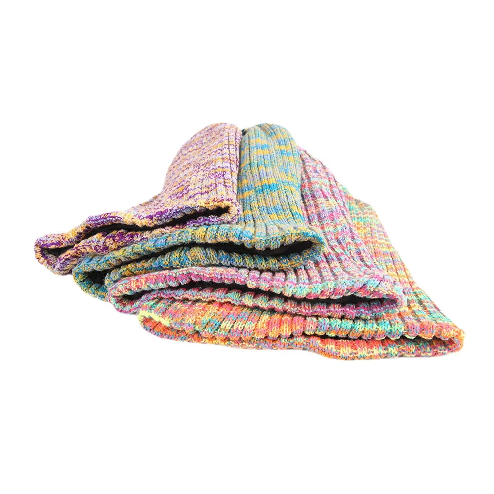 Unisex Woolen Mixed Rainbow Color Stripes Pattern Plus Velvet Thick Warm Couple Hat Beanie Knitted Hat