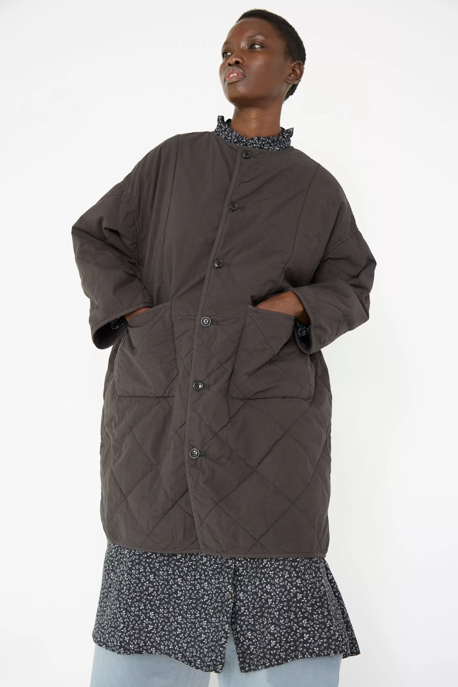 UpcycleLino Reversible Quilted Coat in Ink Black