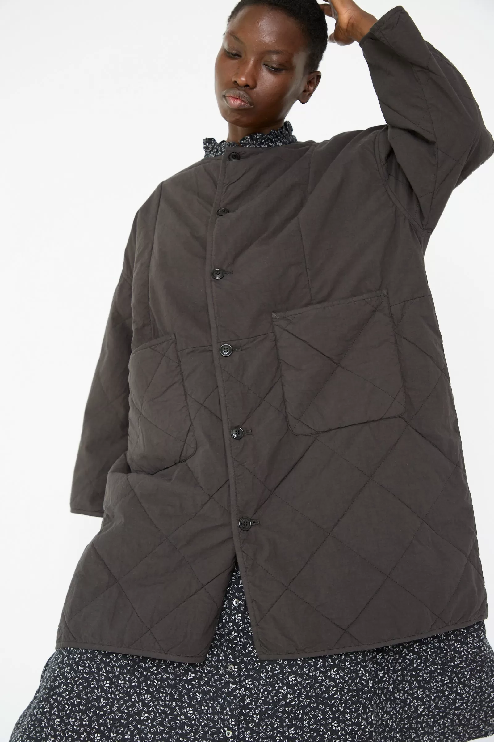 UpcycleLino Reversible Quilted Coat in Ink Black