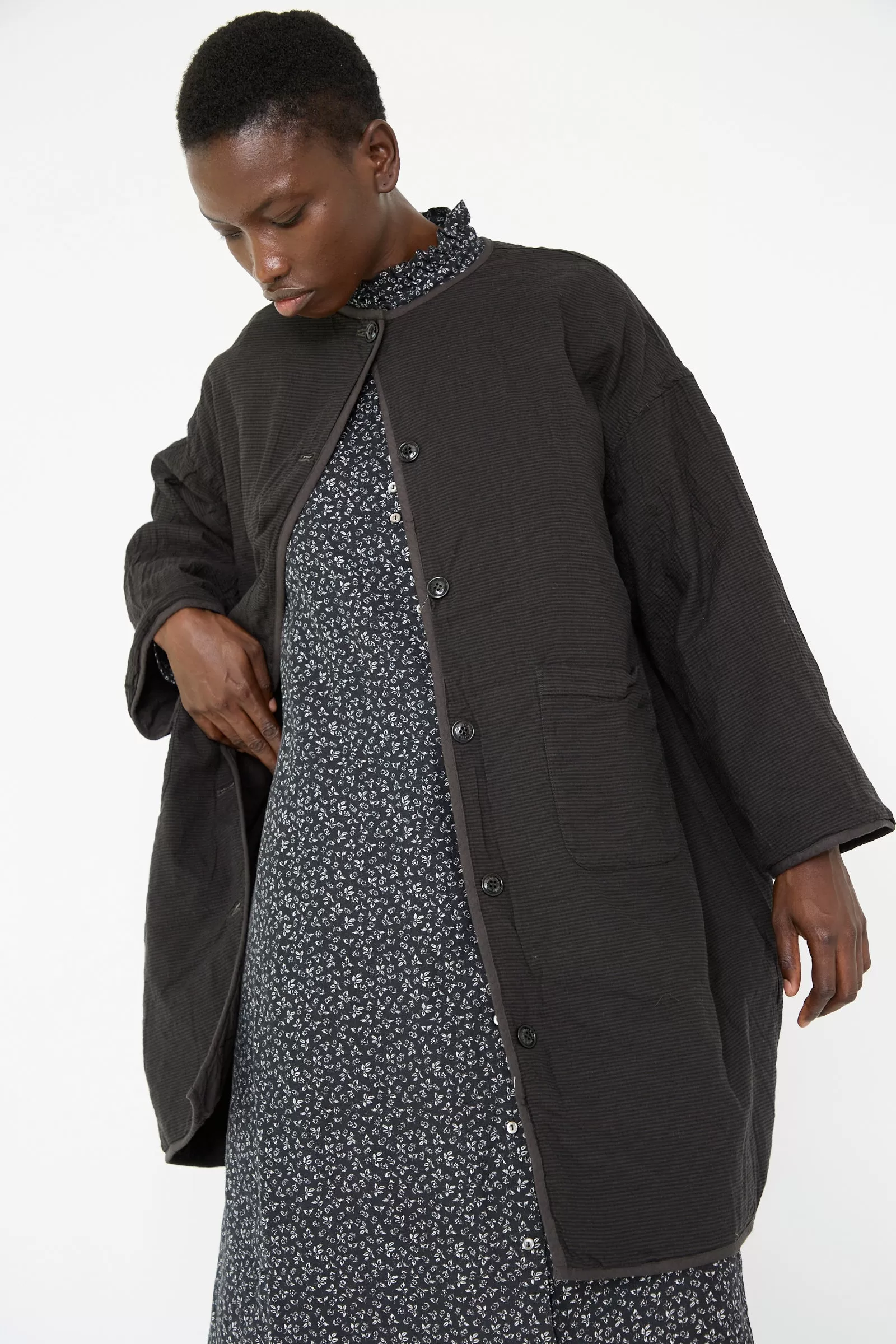 UpcycleLino Reversible Quilted Coat in Ink Black