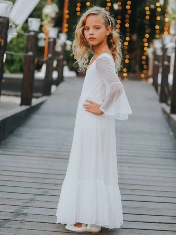 V-Neck Lace White Flower Girl Dresses Long Sleeves A-Line Lace Kids Social Party Dresses