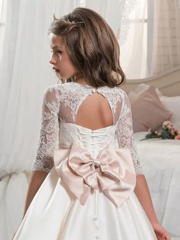 V-Neck Satin A-line Flower Girl Dresses Half Sleeves Princess Silhouette Kids Party Dresses