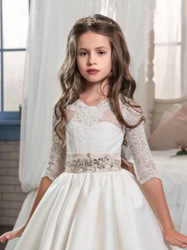 V-Neck Satin A-line Flower Girl Dresses Half Sleeves Princess Silhouette Kids Party Dresses